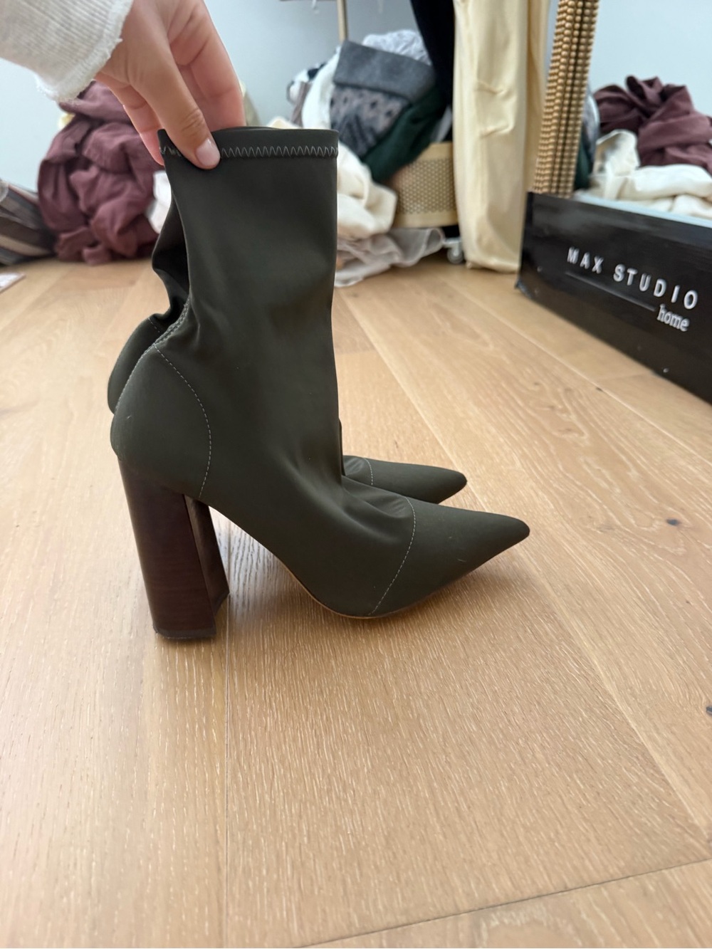 Tony Bianco Olive Green Pointed Sock Boot with Block Heel